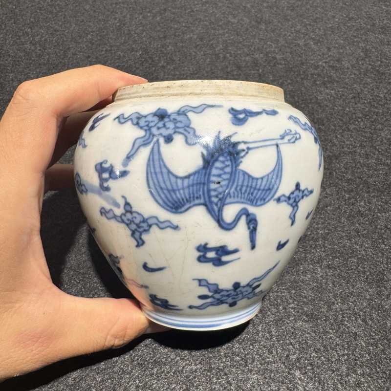 明成化 青花云鹤纹盖罐 - 图4