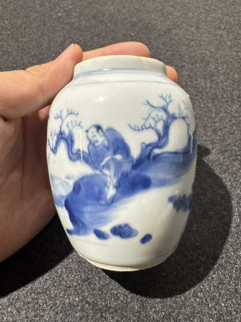 明崇祯 青花刘阮遇仙图莲子罐 - 图2