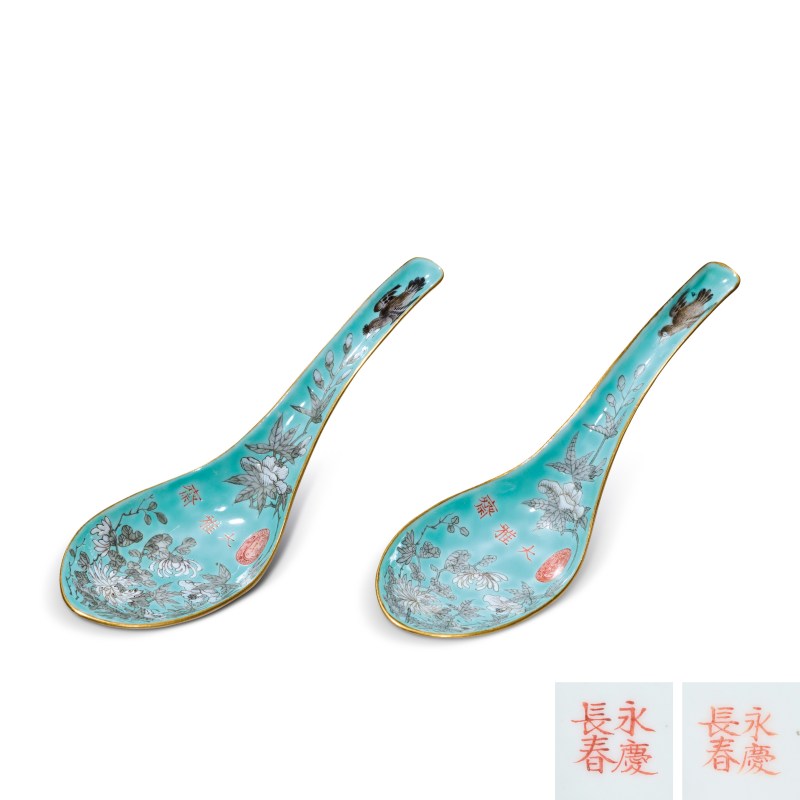 清光绪 绿地墨彩芙蓉花纹勺一对