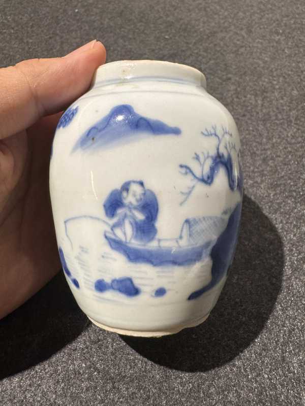 明崇祯 青花刘阮遇仙图莲子罐 - 图3