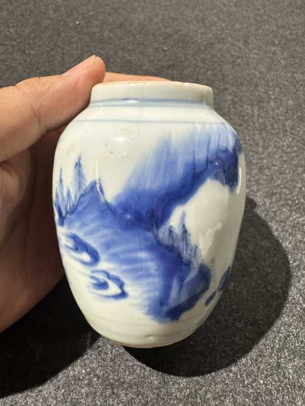 明崇祯 青花刘阮遇仙图莲子罐 - 图4