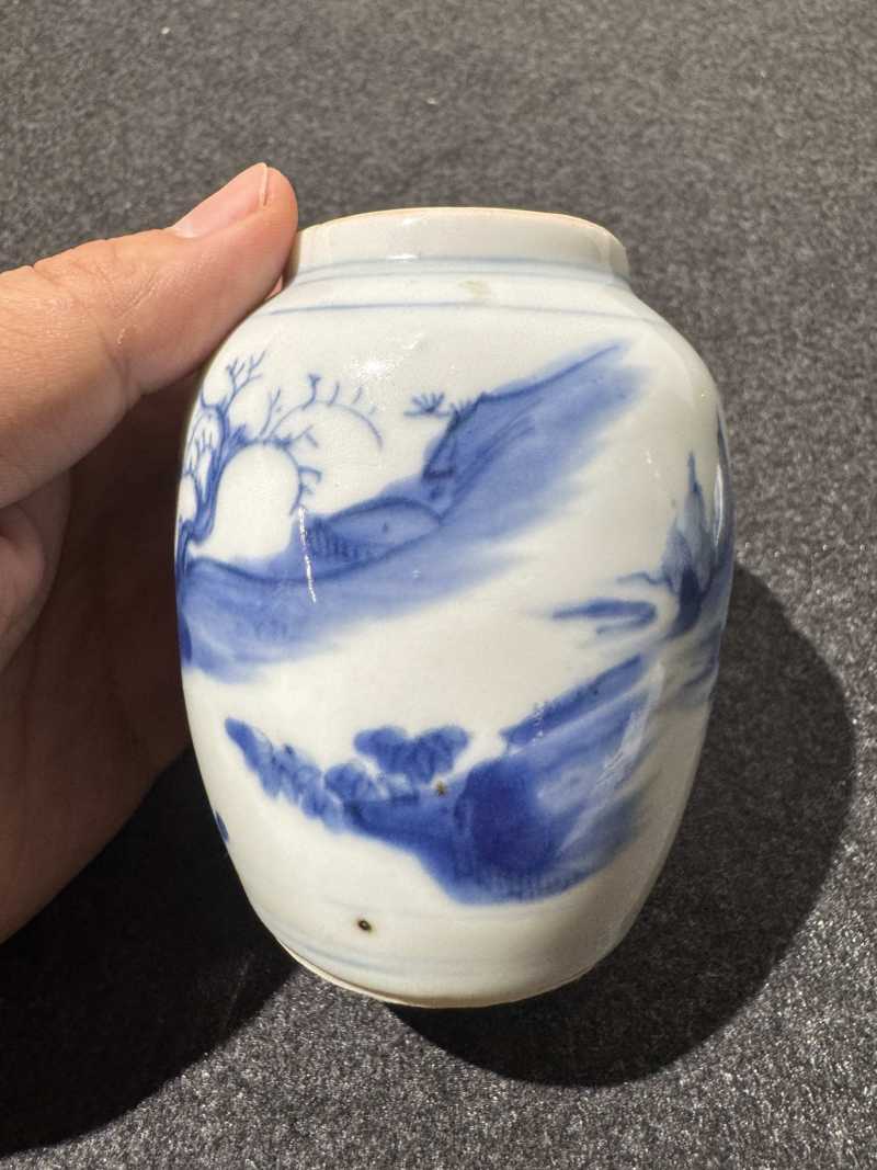 明崇祯 青花刘阮遇仙图莲子罐 - 图5