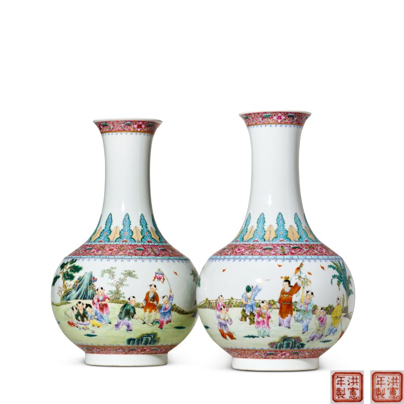 民国 粉彩婴戏图玉堂春瓶一对