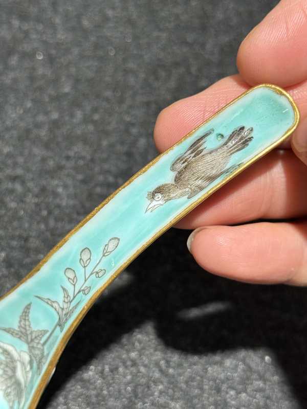 清光绪 绿地墨彩芙蓉花纹勺一对 - 图5