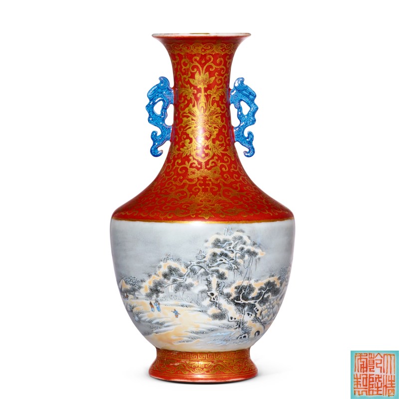 民国 矾红描金珐琅彩雪景图双龙耳瓶