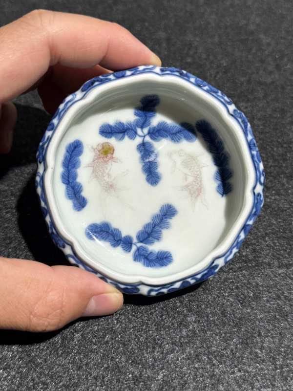清中期 青花釉里红鱼藻纹陶公洗 - 图4