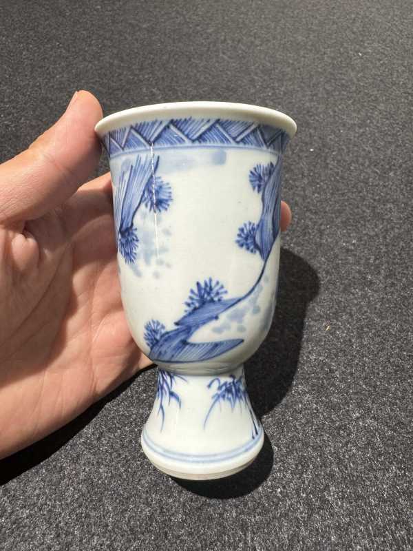 清康熙 青花教子图高足杯 - 图3
