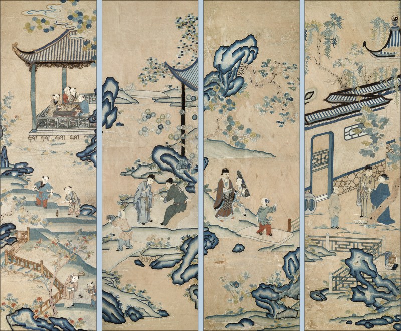 清乾隆纳纱绣庭院雅集图四条屏