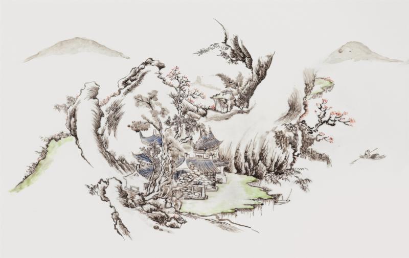 民国 墨彩加粉彩山水人物图橄榄瓶 - 图2