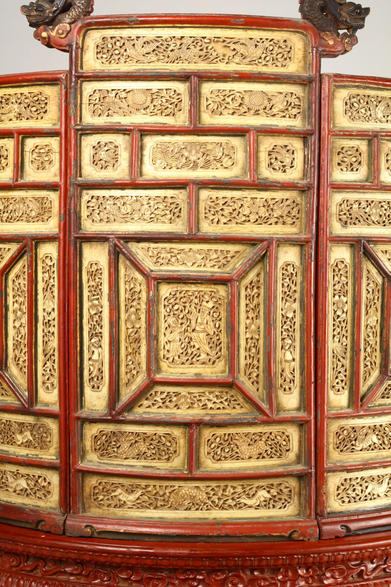 明 黑漆嵌骨人物花鸟图七屏圆背屏佛座 - 图9