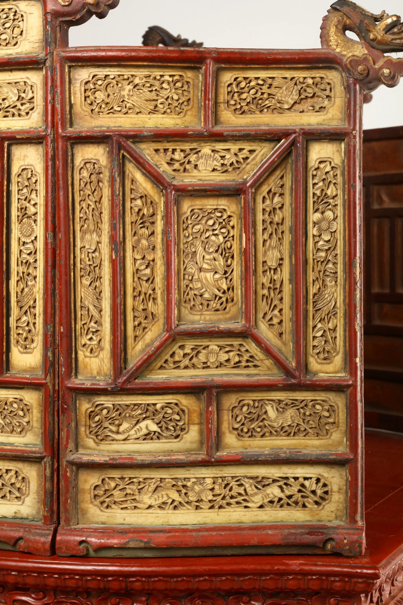 明 黑漆嵌骨人物花鸟图七屏圆背屏佛座 - 图11