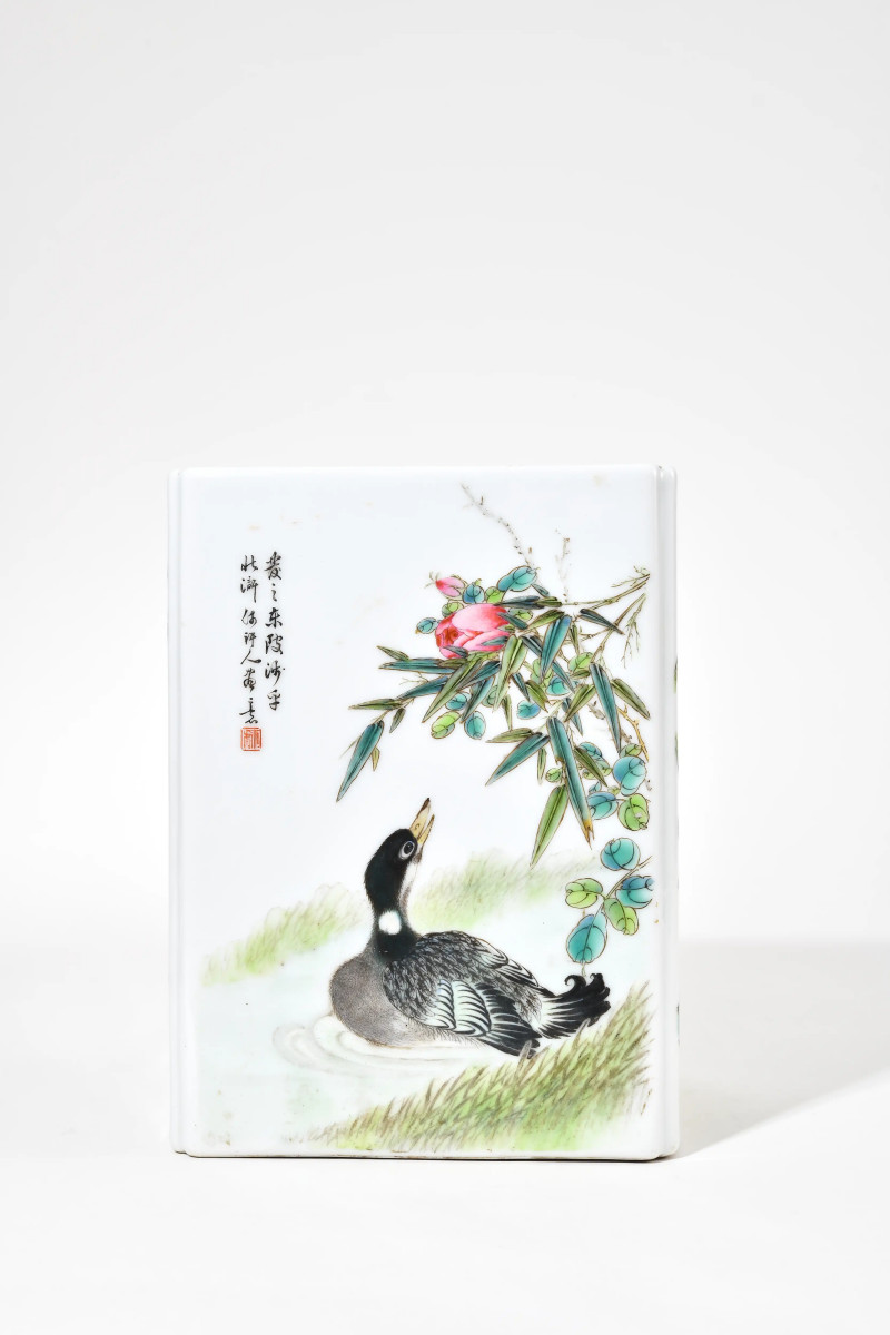 民国 何许人画花鸟图四方大笔筒 - 图3