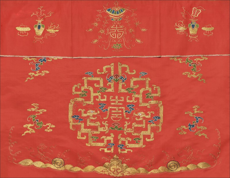 清金线绣双龙捧寿纹桌围