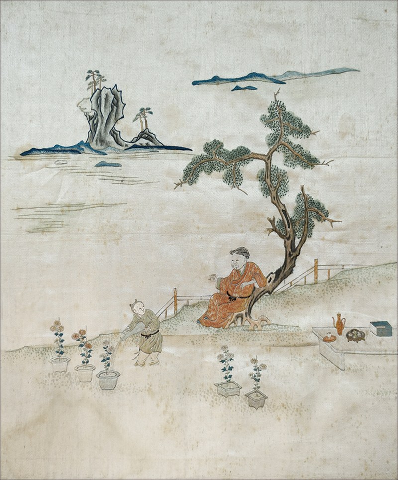 明顾绣松下赏菊饰片