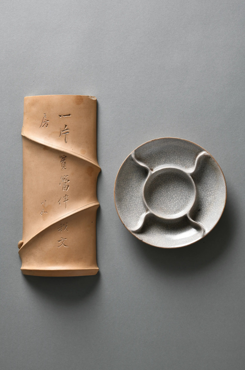 清 石梅调色盘 白泥如川刻臂搁 - 图2