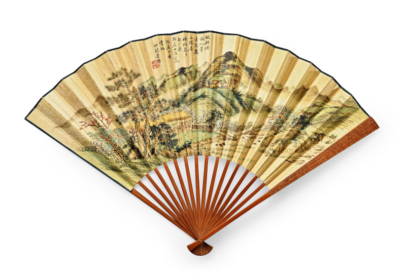 清 杨龙石刻 钟鼎铭阳文扇骨 并董耀书画扇面 - 图2