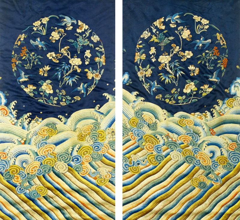 清中期刺绣石青缎湖水花鸟纹挂屏一对