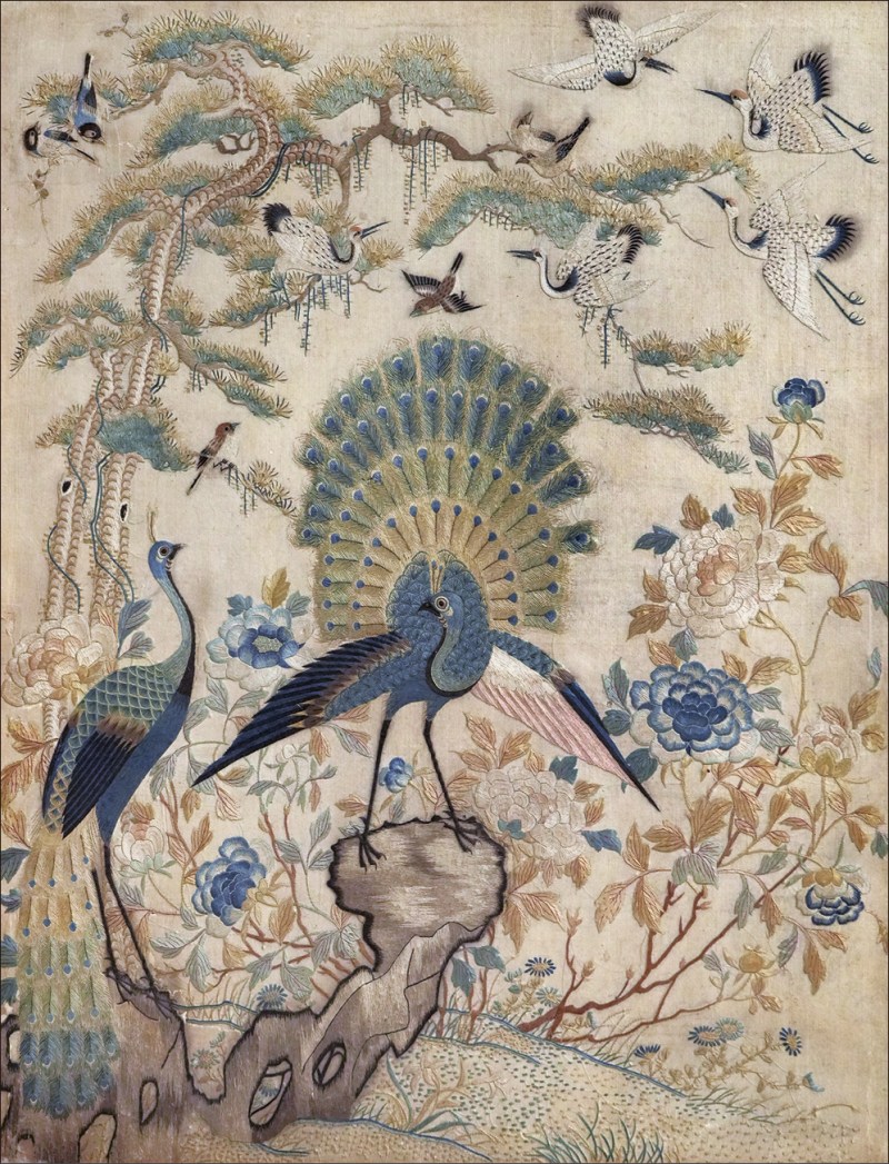 清粤绣孔雀开屏百鸟图挂屏