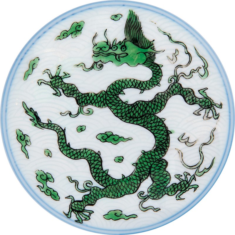 清康熙 白釉暗刻海水绿彩云龙纹墩式碗一对 - 图5
