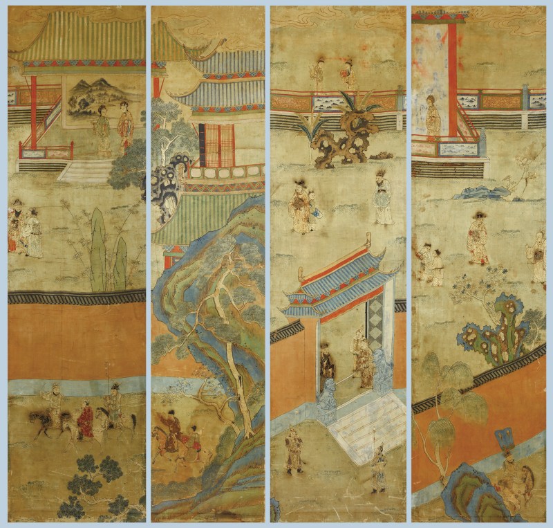 明末清初顾绣庭院人物通景屏四幅