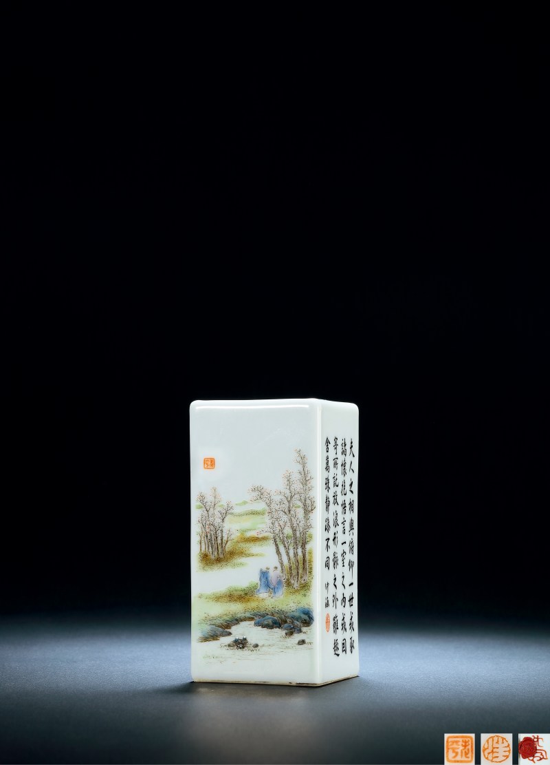 民国汪野亭四方山水小笔筒