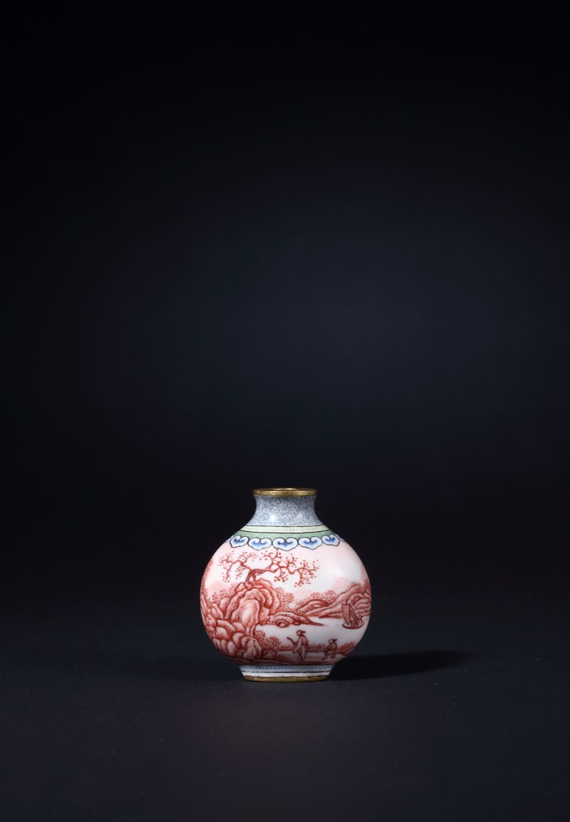 清乾隆铜胎画珐琅山水人物鼻烟壶 - 图3