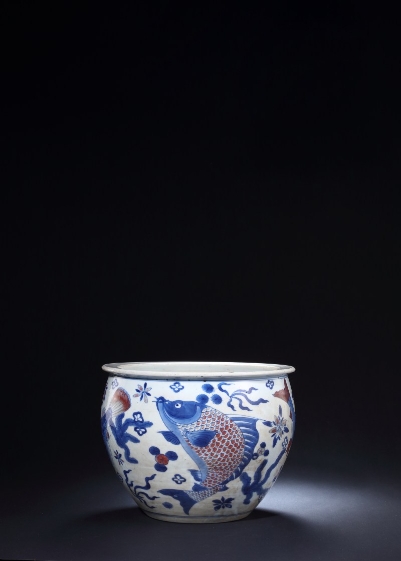 清早期青花釉里红鱼藻纹卷缸 - 图2