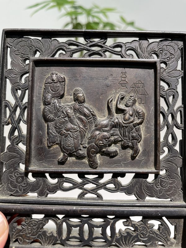 清 复合工艺周处打虎人物故事砚屏 - 图4