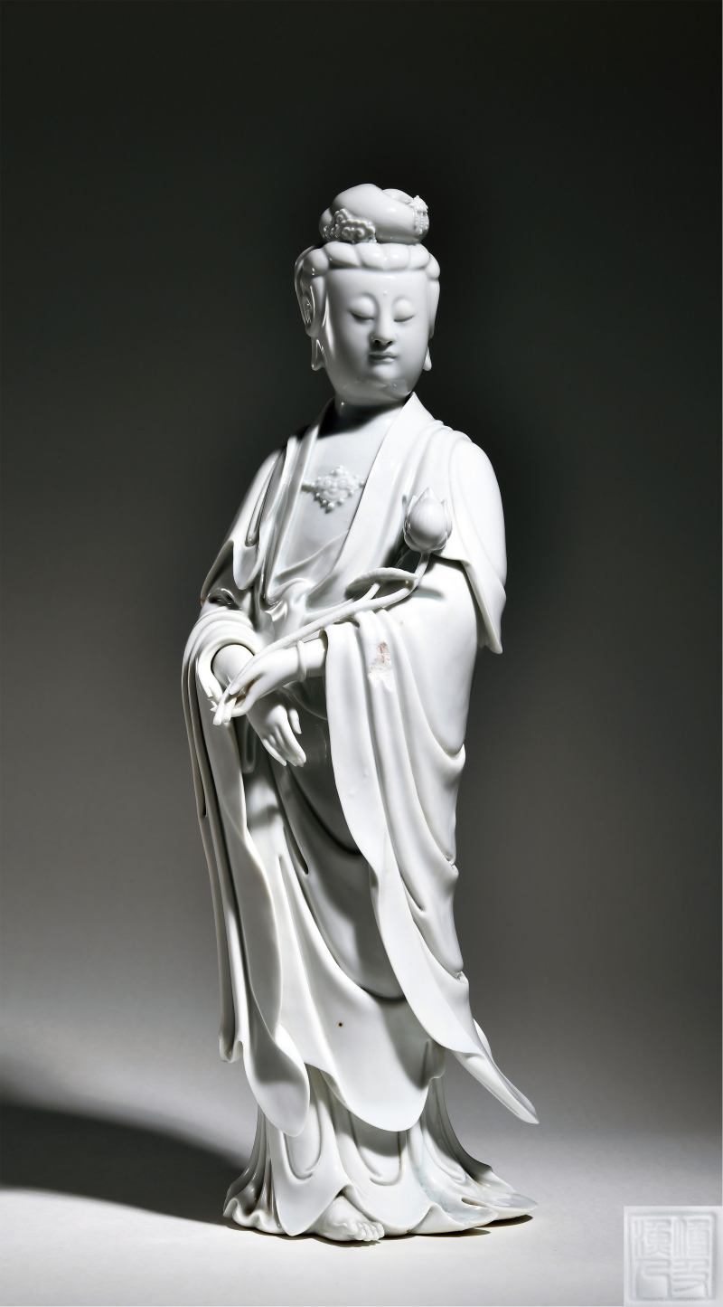 清代 苏学金  博及渔人款德化白釉观音立像