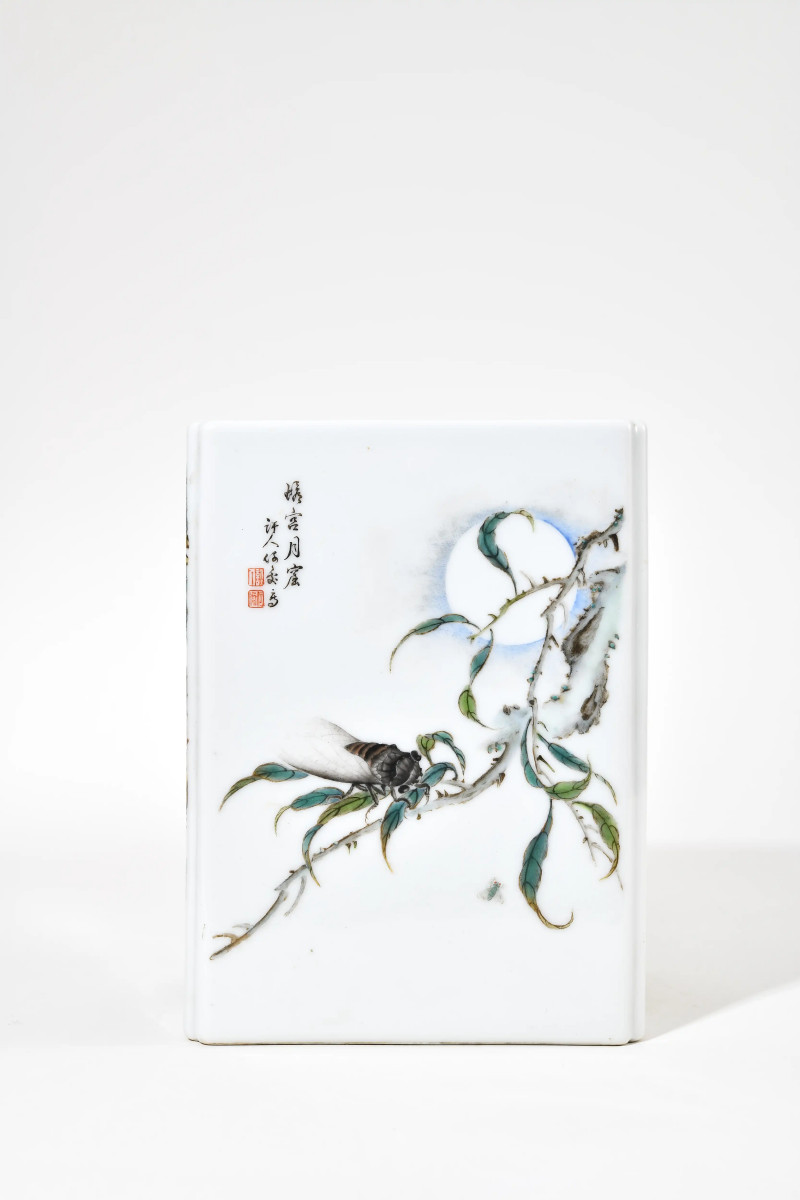 民国 何许人画花鸟图四方大笔筒 - 图5