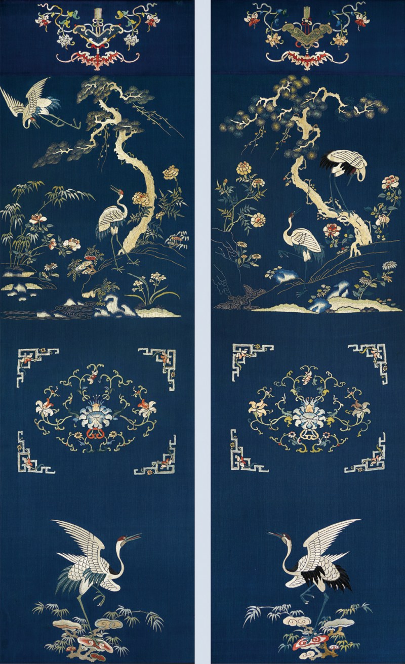 清中期苏绣松鹤益寿椅披一对