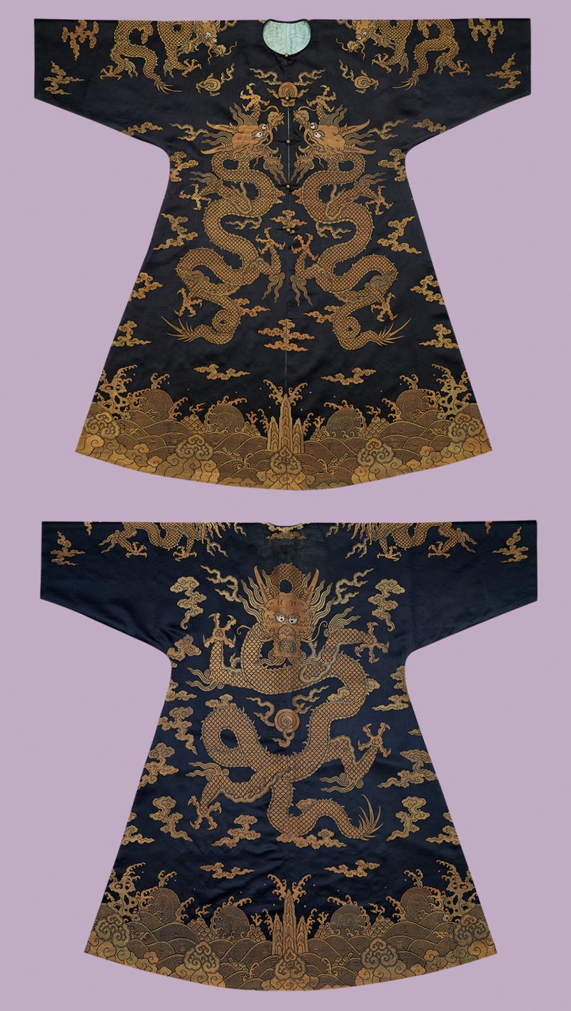 清初石青地织金龙纹朝服褂