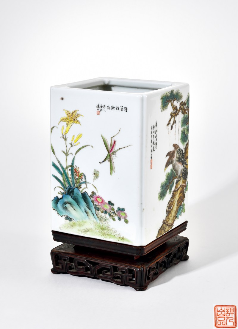 民国 何许人画花鸟图四方大笔筒