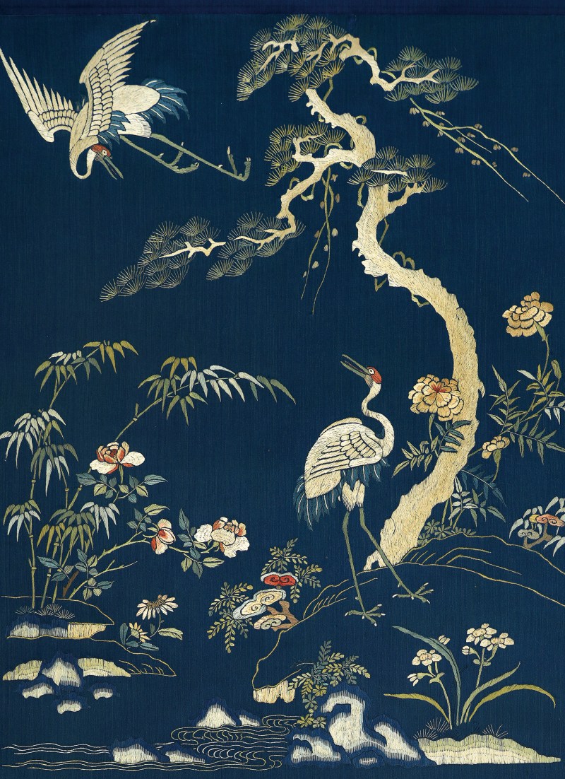清中期苏绣松鹤益寿椅披一对 - 图2