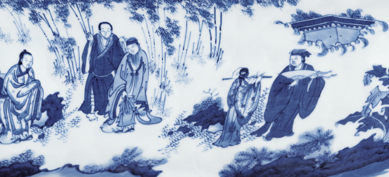 明崇祯 青花“竹溪六逸”人物故事图卷缸 - 图2