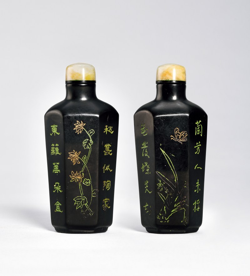 清 炭晶六棱刻花卉诗文鼻烟壶