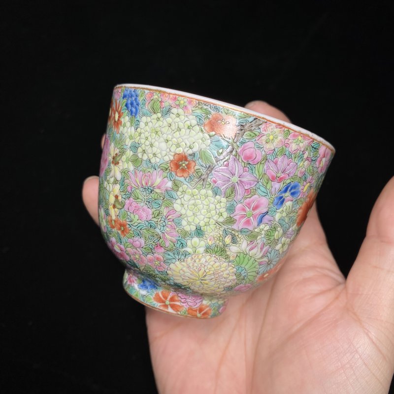 清嘉庆 粉彩百花不落地杯（一对） - 图5