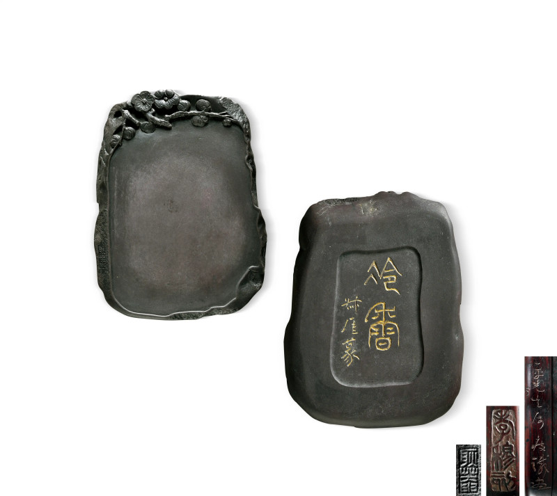 清 钱瘦铁赠王一平梅花砚 配钱瘦铁画梅、徐孝穆刻紫檀砚盒