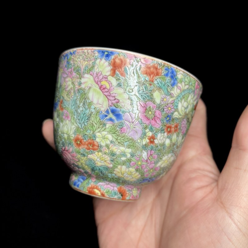 清嘉庆 粉彩百花不落地杯（一对） - 图9