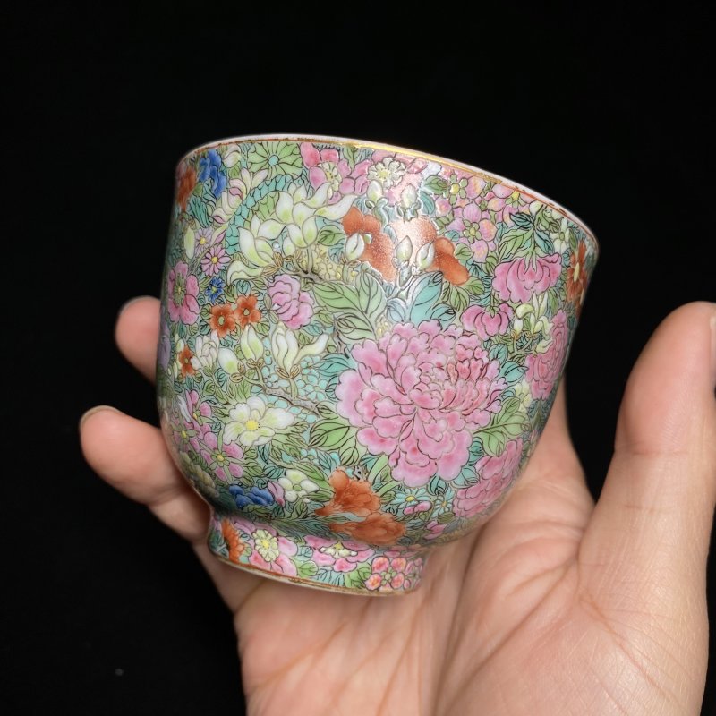 清嘉庆 粉彩百花不落地杯（一对） - 图10