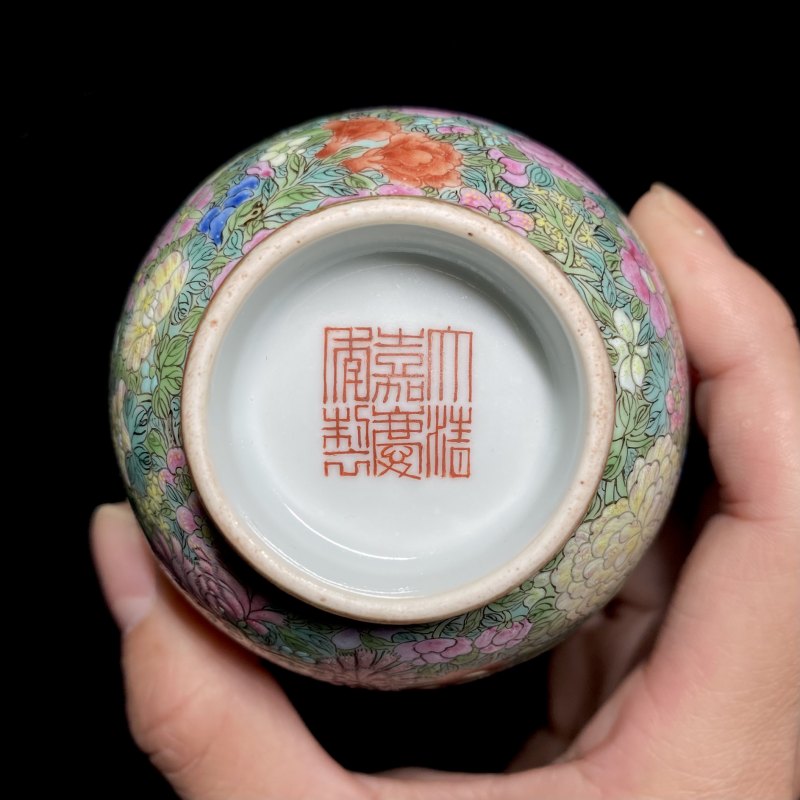 清嘉庆 粉彩百花不落地杯（一对） - 图12