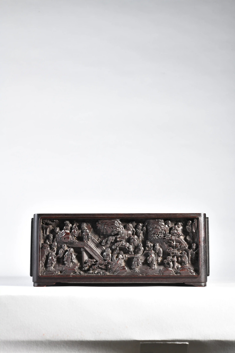 清乾隆 紫檀雕西园雅集四方盒 - 图4