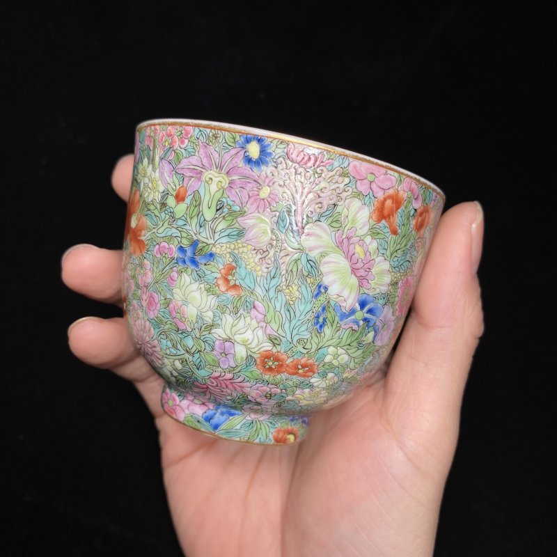 清嘉庆 粉彩百花不落地杯（一对） - 图14