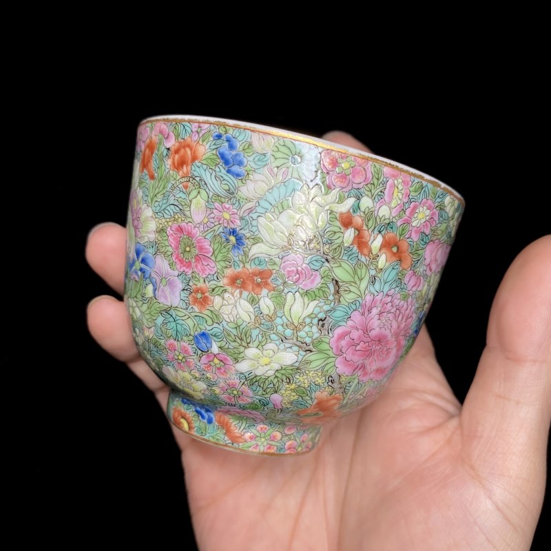 清嘉庆 粉彩百花不落地杯（一对） - 图15