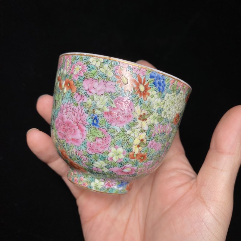 清嘉庆 粉彩百花不落地杯（一对） - 图16