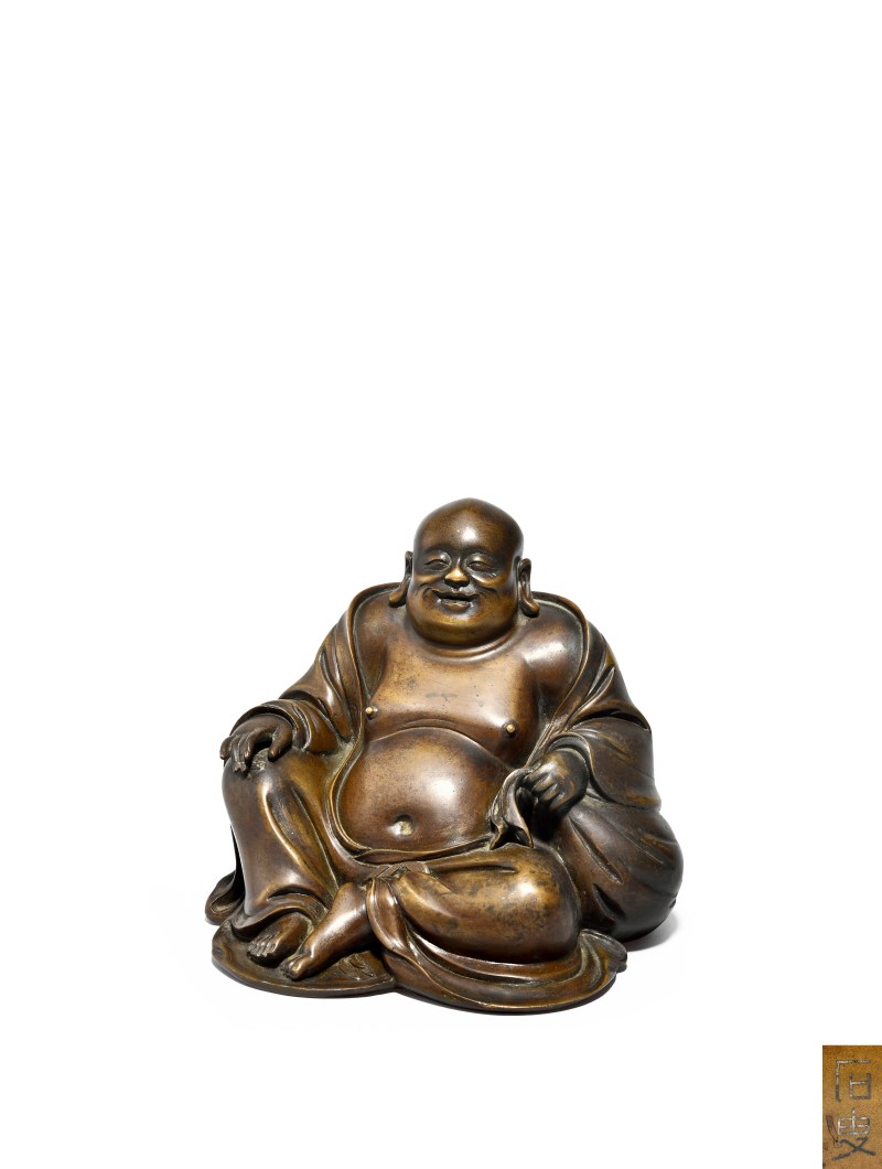 明 石叟款铜嵌银丝布袋弥勒造像