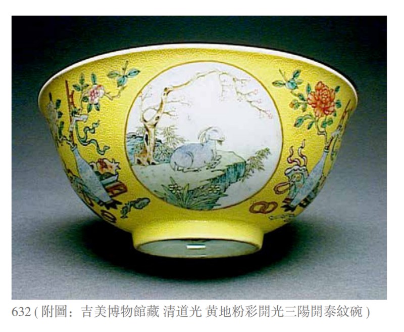 清道光 黄地轧道洋彩开光三阳开泰纹膳碗 - 图6