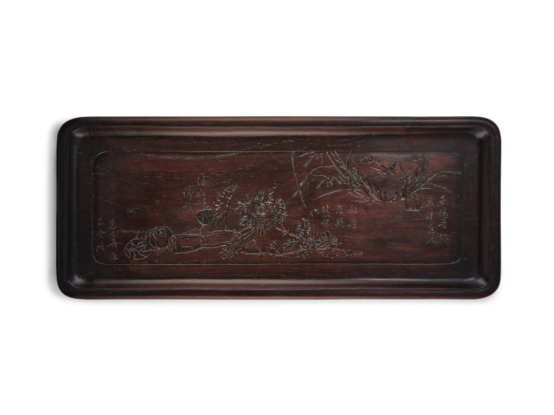 清十九世紀　摹高士奇畫意花果詩文圖長方木盤 | AN INCISED AND INSCRIBED WOODEN TRAY AFTER GAO SHIQI - 图3