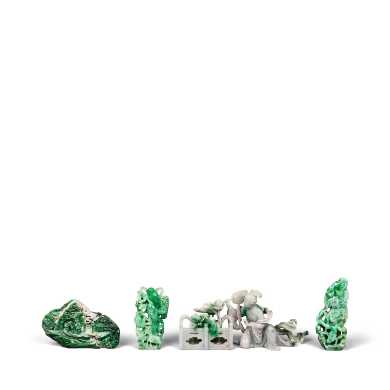 二十世紀 翠玉雕人物三件 暗綠玉山水人物山子一件 | THREE APPLE-GREEN AND WHITE JADEITE FIGURAL GROUPS, TOGETHER WITH A CHLOROMELANITE BOULDER