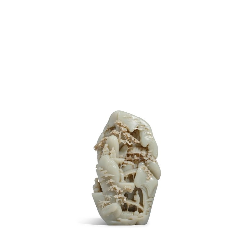 二十世紀 青白玉松澗閑居圖山子 | A PALE CELADON JADE 'MOUNTAIN RETREAT' BOULDER